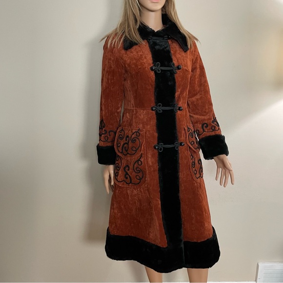 VINTAGE 70s Womens PENNY LANE Orange Crushed Velvet BOHO Jimmy Hendrix LONG COAT - Picture 3 of 8